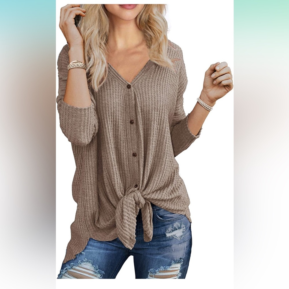 S high low Waffle Tunic Blouse Tie Shirt Henley Oversized, great for Maternity!